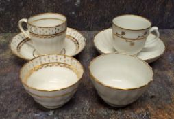 A Newhall teacup, tea bowl and saucer, pattern 198, c.1800; others, picked out in gilt, M & G H