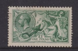 Stamps- GB 1913 £1 Green fine used. Centered slightly to the right with a few blunt perforations.