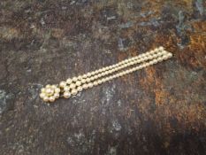 A 9ct gold three stand graduated pearl bracelet, the largest 6.9mm to 4.1mm, the 9ct gold clasp in