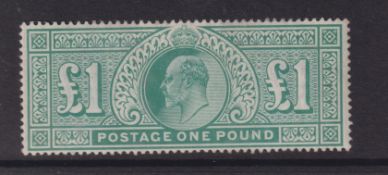 Stamps- A King Edward VII GB £1 Green very lightly mounted mint, with good perforations and