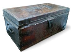 A late 17th century William & Mary studded leather chest, the hinged top monogrammed 'HSA'