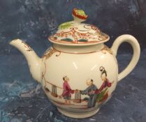 A Worcester globular Boy at the Window teapot and cover, painted with traditional Chinoiserie