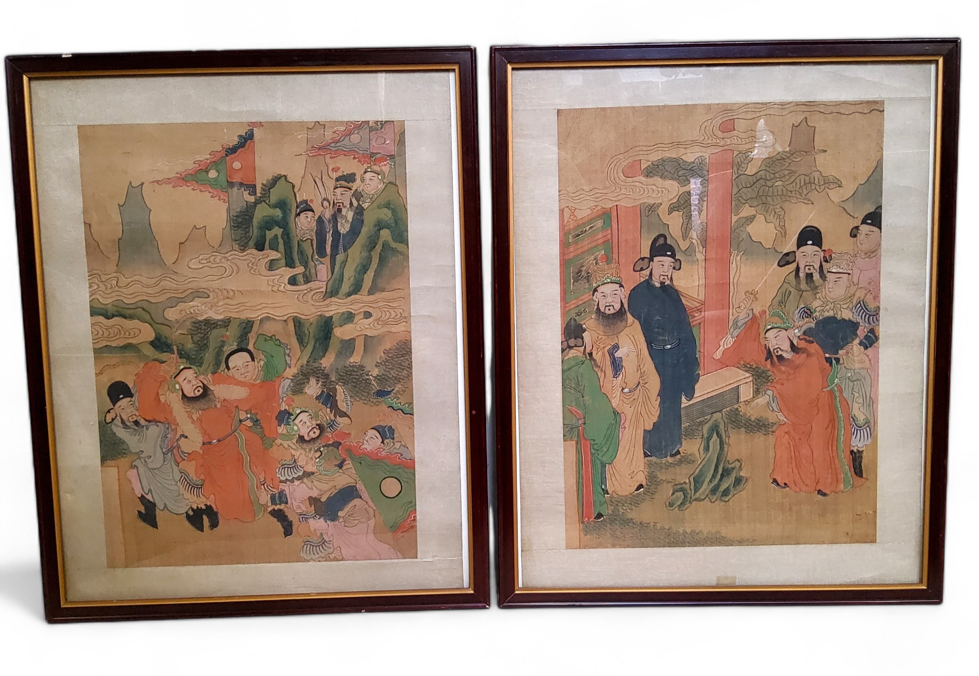 Oriental Art - a near pair of Qing Dynasty Chinese gouache paintings on silk, lacquered frames,  c.