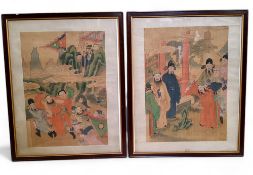 Oriental Art - a near pair of Qing Dynasty Chinese gouache paintings on silk, lacquered frames,  c.