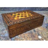 A 19th century Tunbridge ware and rosewood rectangular work box, hinged cover inlaid with tumbling