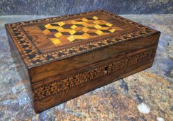 A 19th century Tunbridge ware and rosewood rectangular work box, hinged cover inlaid with tumbling