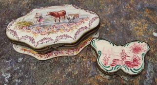 A 19th century French cartouche shaped enamelled box, the cover decorated with figure, cow and