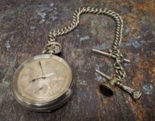 A silver pocket watch, L Millrood, Manchester, silver dial, machine turned, flowers, subsidiary