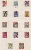 Stamps- A collection of Queen Victoria GB used stamps on six album pages from 1840 penny black to