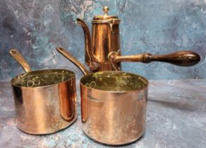 A 19th century copper coffee pot, hinged cover, brass knop finial, S-shaped spout, turned
