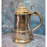 A George II silver spreading cylindrical tankard, hinged domed cover, scroll handle with heart
