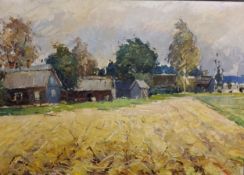 Valentine G Taranenko (1933 - 1992), Golden Russia,  farm buildings on a summer day, 1994,   oil