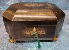 An early 19th century Chinese black lacquered tea caddy,  decorated in gilt with pagodas and