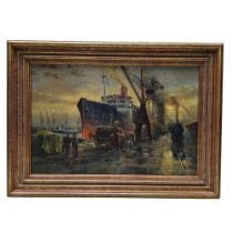 Alan Fearnley (Bn 1942) Laoding at the Dock, signed, oil on canvas, 39cm x 59cm