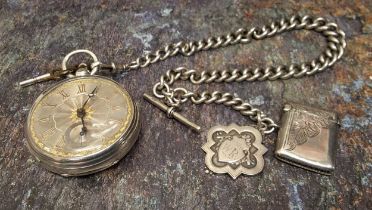 A silver fusee pocket watch, with key, silver Albert and fob with silver vesta case, 235g