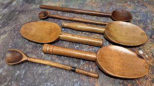 Six sycamore treen spoons, various sizes, 19th century