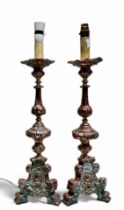 A pair of 17th century style copper and brass  ecclesiastical pricket candlesticks, now as side