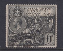 Stamps- A GB King George V 1929 good used £1 PUC . Lightly cancelled but with some blunted