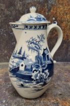 A rare Lowestoft baluster coffee jug and cover,  internal strainer,  painted in underglazed blue
