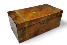 A Victorian walnut and brass bound folding writing box, c1860, 50cm wide.
