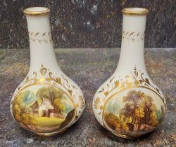A pair of Derby bottle vases, decorated in the manner of Daniel Lucas, with cottage and river