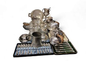 Plated Ware - an E.P.N.S. half fluted boat shaped coffee pot and sugar bowl;  four piece condiment