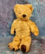 A Chad Valley jointed mohair musical bear, small ears, horizontal stitched snout, velvet pads,