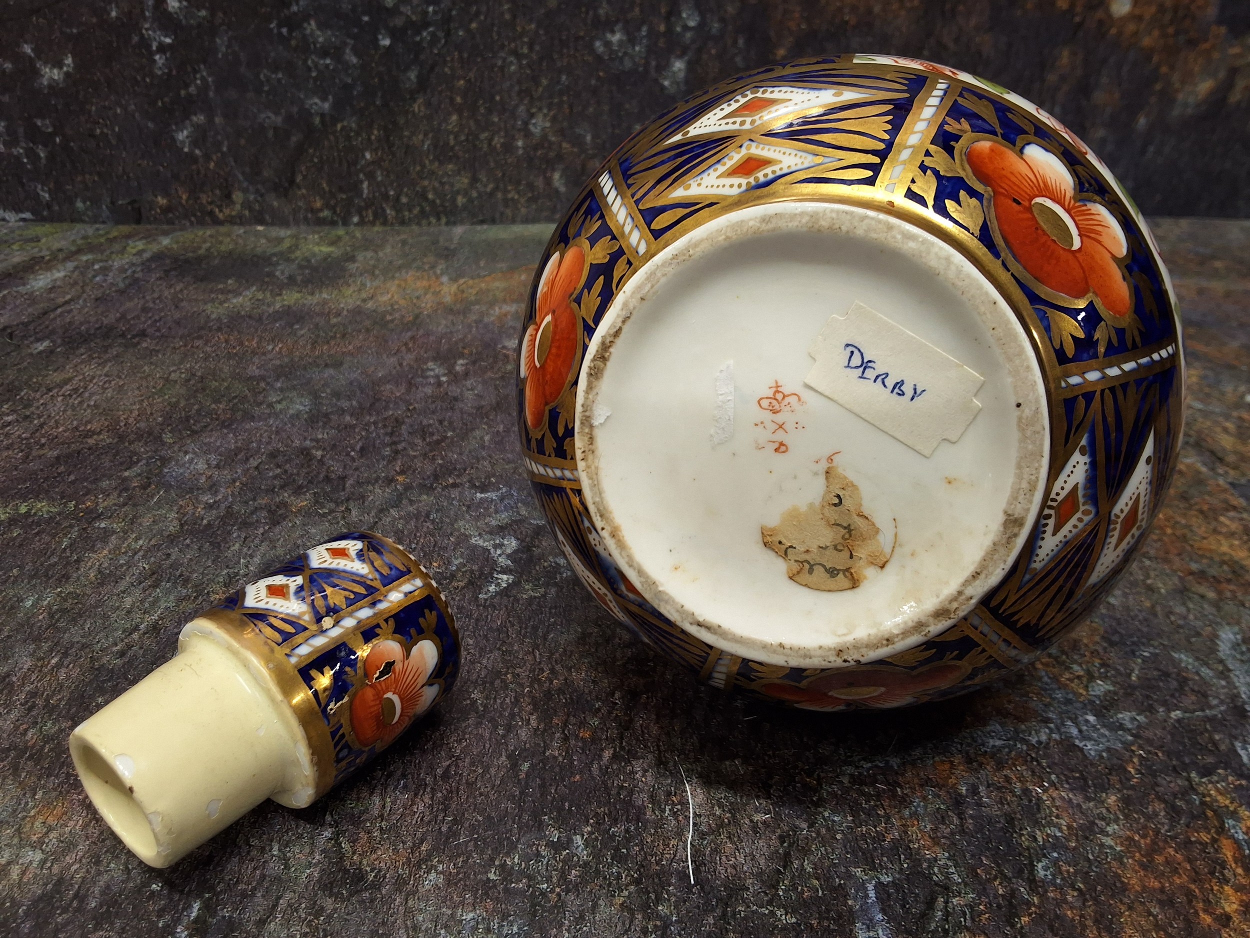A Derby bottle vase and cover, decorated in the Imari palette, 25cm high, crown, crossed batons - Image 3 of 3