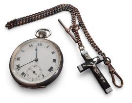 A silver open faced keyless pocket watch, unsigned movement, white enamel dial, Roman numerals, sunk