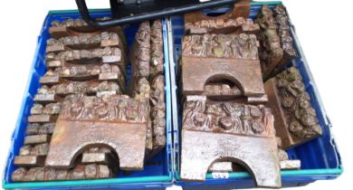 Forty-Three 19th century Sheffield terracotta garden edging tiles, in relief with foliage, each 20cm