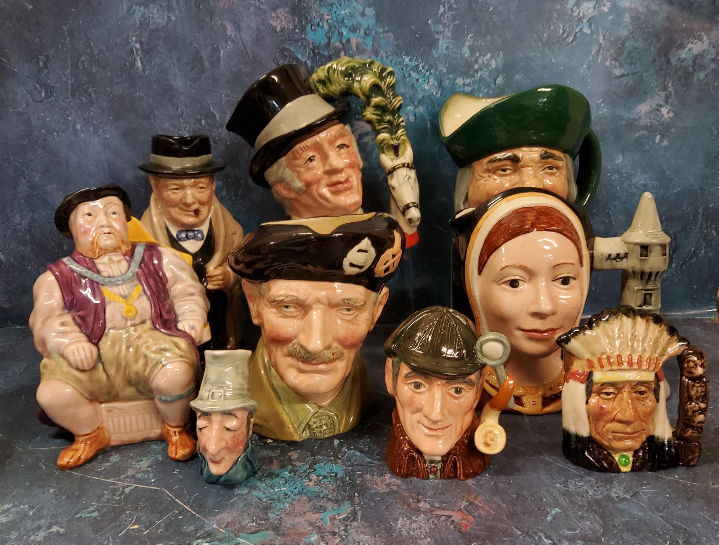 A Royal Doulton character jug, Toby Philpots, D53738;  others, Catherine of Aragon, D6643;  Monty,