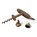 A 19th century corkscrew, turned handle, with brush, 14cm long;  a 19th century gilt metal  seal;