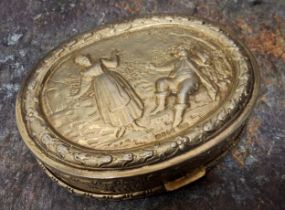 A good Dutch silver oval table snuff box, the cover embossed with figures at a table, harebell