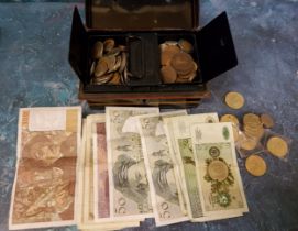 Numismatics - vintage cash box containing nine £2 coins; 2oth century British and World coins &