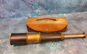 A modern five draw brass and leather telescope, 68cm long, the case with brass plaque W. Ottway