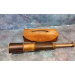 A modern five draw brass and leather telescope, 68cm long, the case with brass plaque W. Ottway