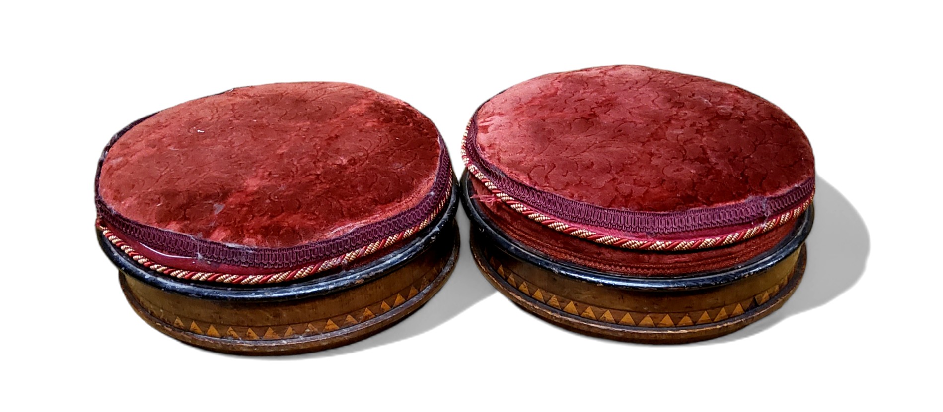 A pair of Victorian spitoon footstools, banded with chevrons, 33cm diam,  c.1880 - Image 2 of 2