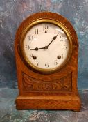 A Victorian oak Ansonia mantel clock, eight day, half hour strike, cathedral gong, Arabic