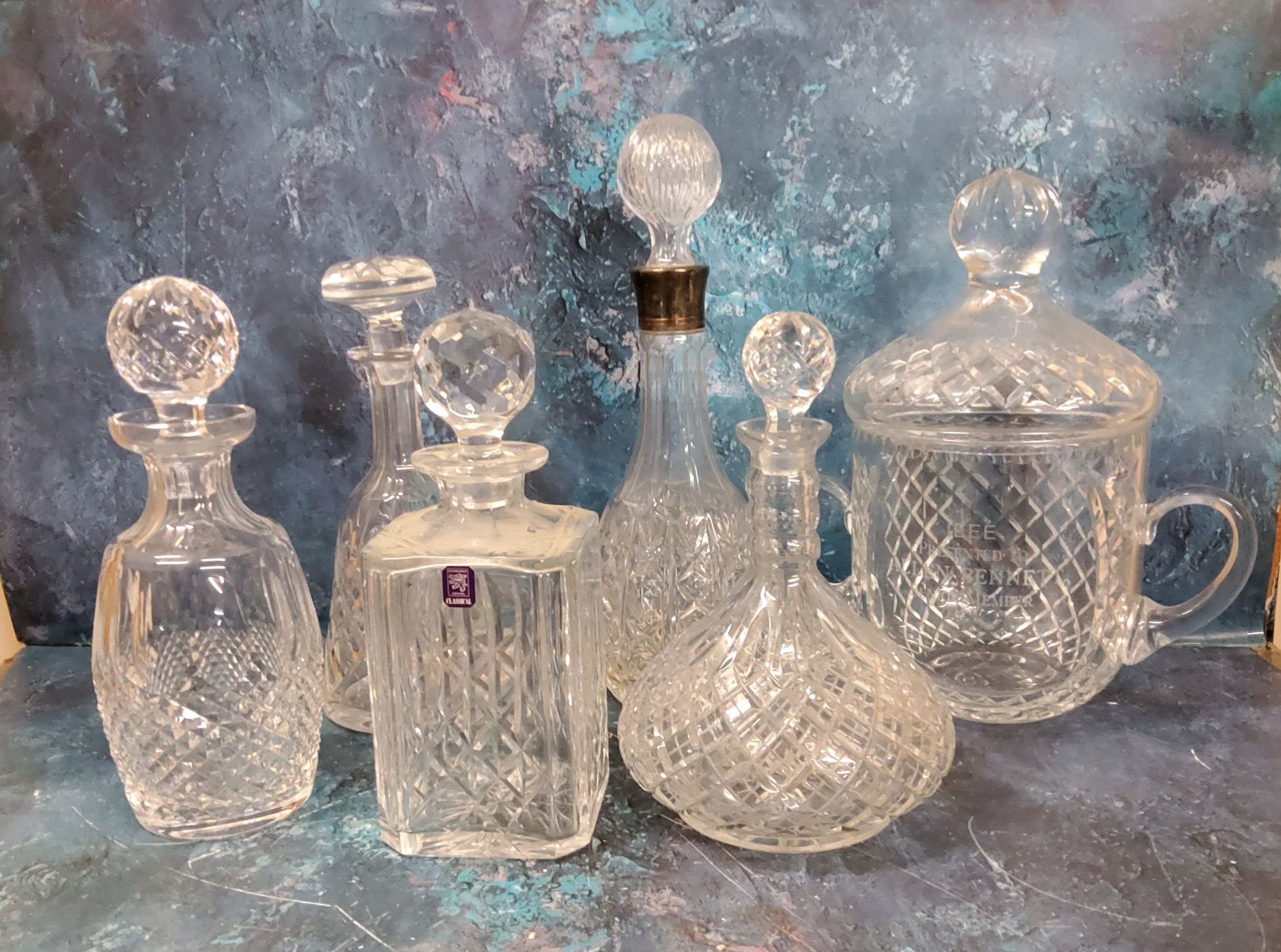 An Edinburgh Crystal canted square decanter and stopper;   others, various;   a two handled glass