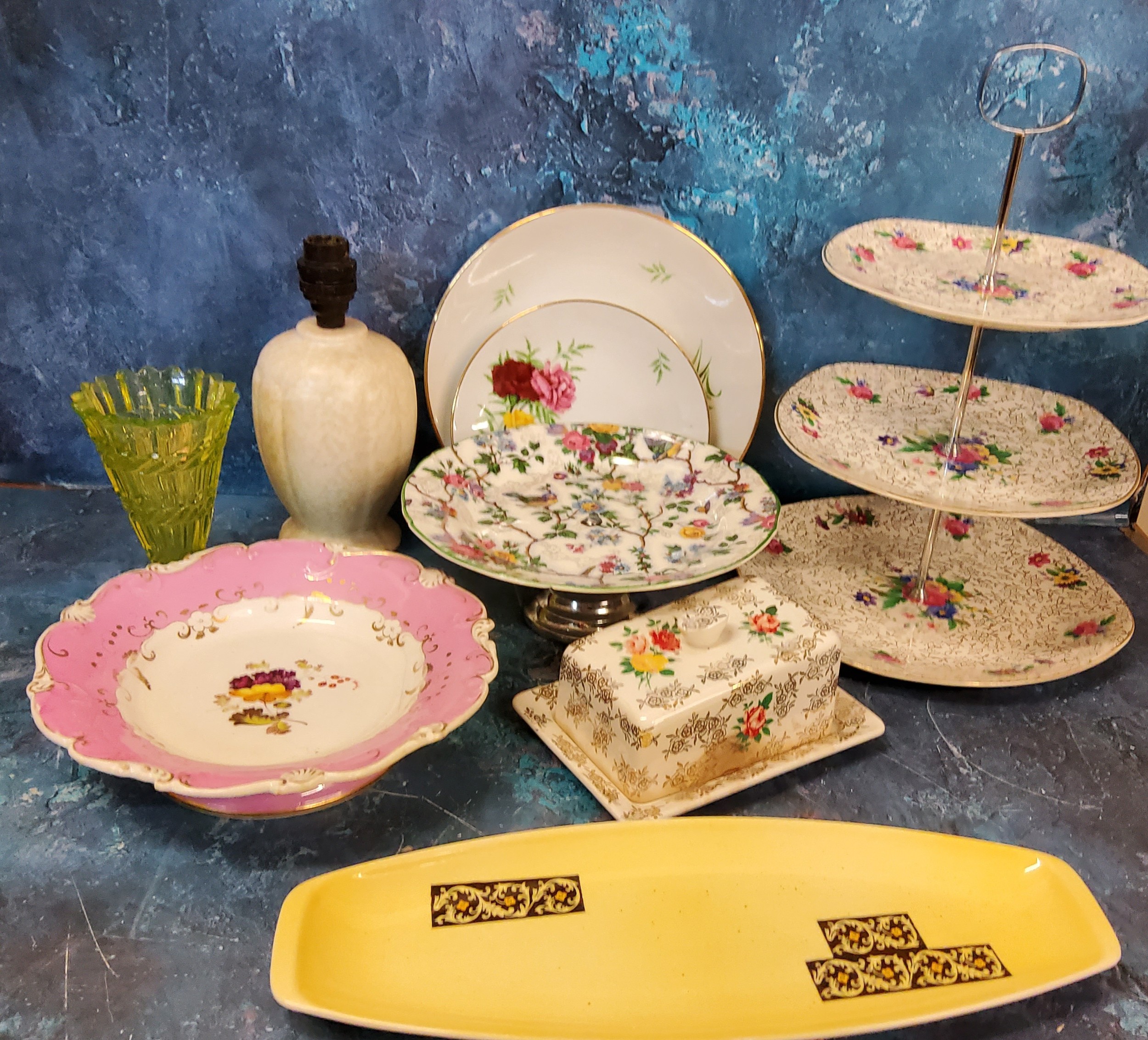 Ceramics - a Midwinter Stylecraft Fashion shape three tier cake stand;  Carlton Ware sandwich plate;