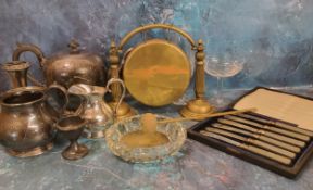 A brass table gong;  plated teapot, milk jug and sugar bowl;  etc