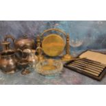 A brass table gong;  plated teapot, milk jug and sugar bowl;  etc