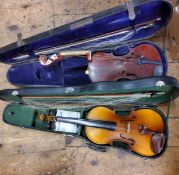 A full size Maidstone violin, the two piece back length 37cm, with a bow,  cased;  another, Chinese,