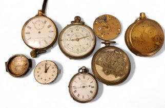 A plated Liga chronometer;  gold plated open case pocket watch;  pocket watch parts