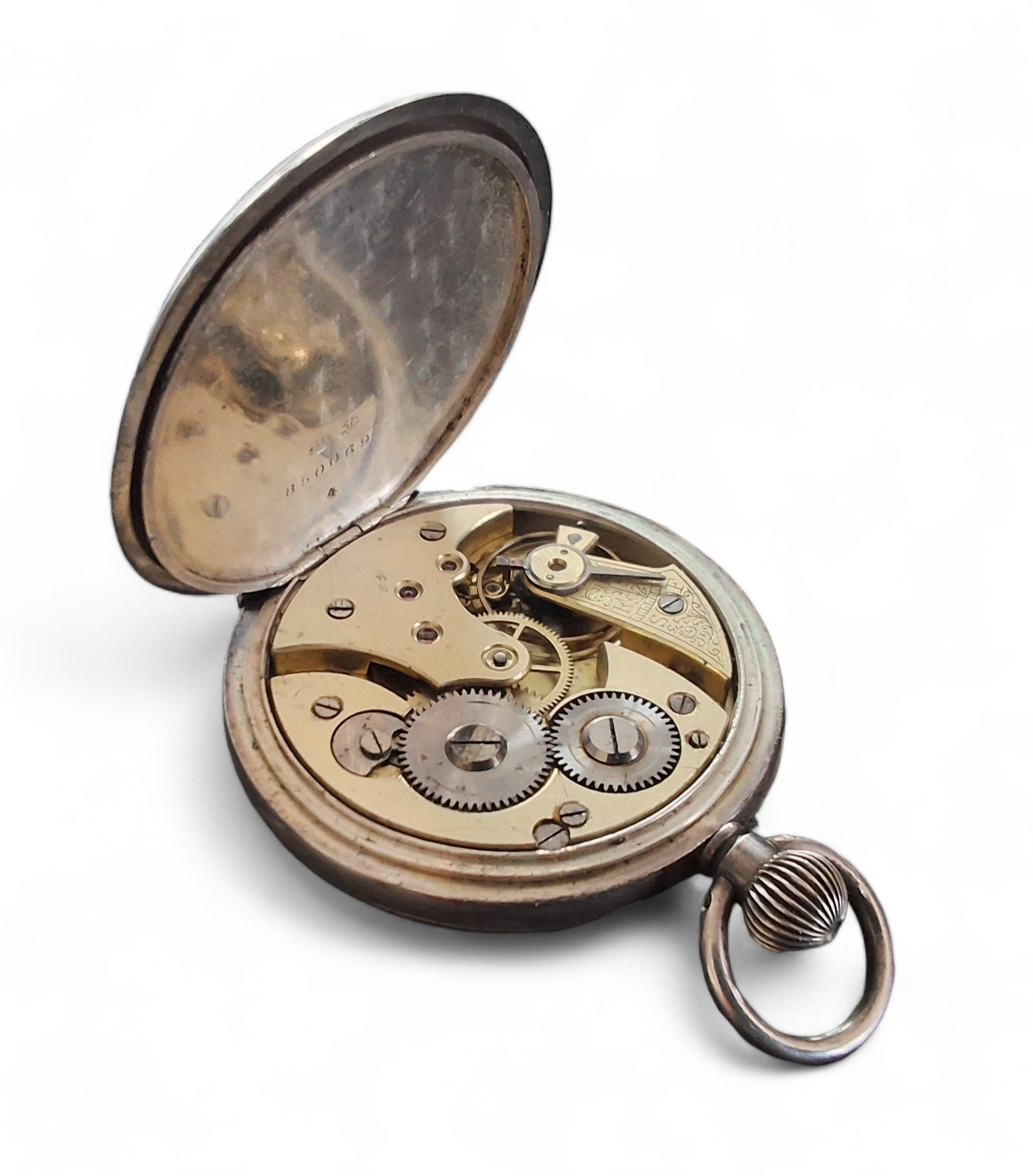 A silver open faced keyless pocket watch, unsigned movement, white enamel dial, Roman numerals, sunk - Image 3 of 3