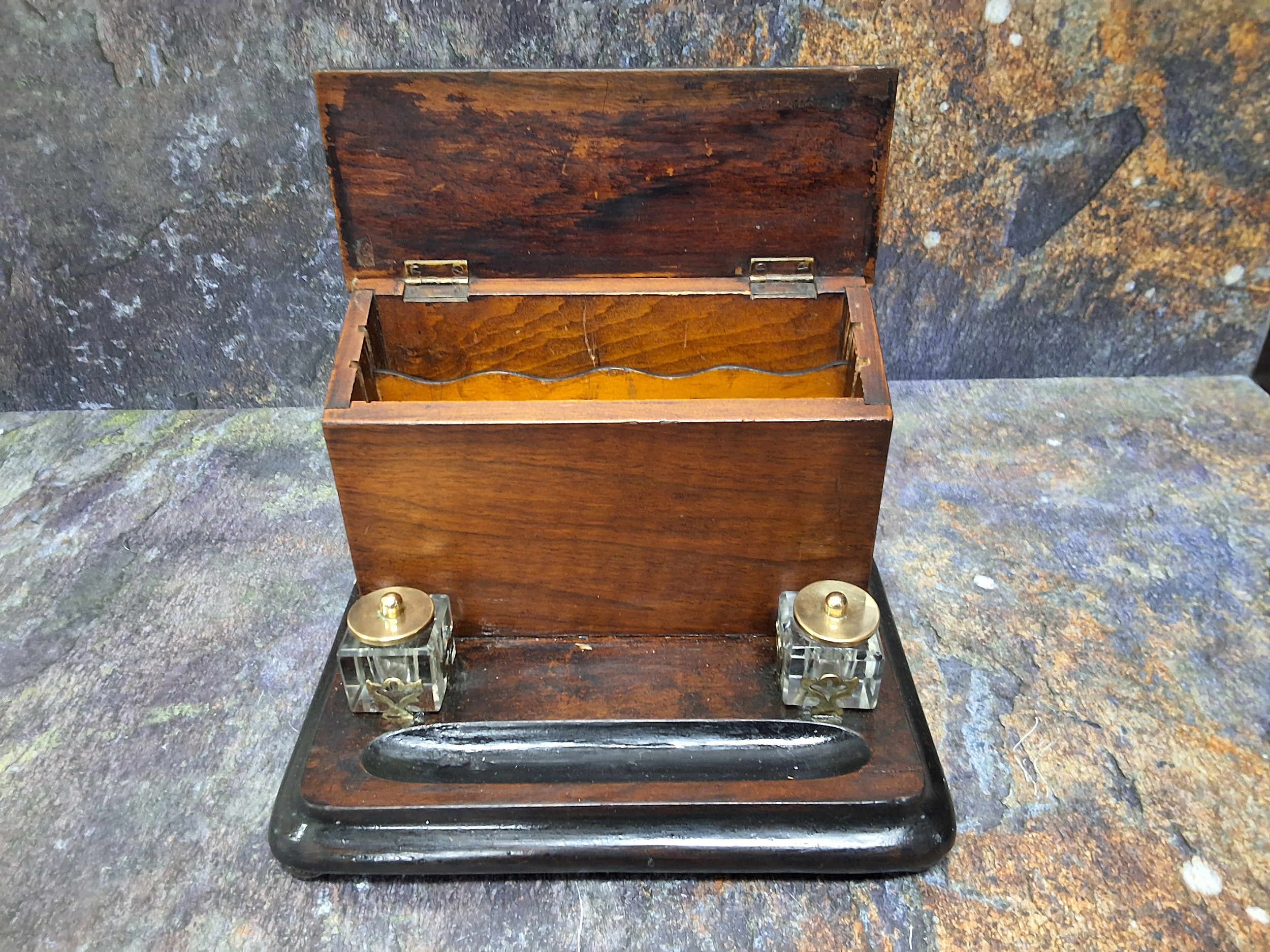 A Victorian walnut and ebonised stationery box, hinged slope cover, the interior with letter - Image 3 of 3