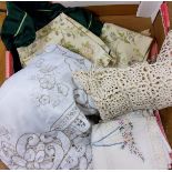 Textiles - a lace table cloth;  others;  etc