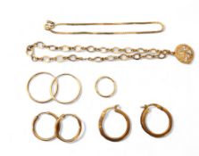 A 9ct gold bracelet; 9ct gold box link bracelet, a pair of 9ct gold hoop earrings; another two
