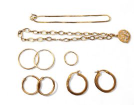 A 9ct gold bracelet; 9ct gold box link bracelet, a pair of 9ct gold hoop earrings; another two