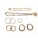 A 9ct gold bracelet; 9ct gold box link bracelet, a pair of 9ct gold hoop earrings; another two